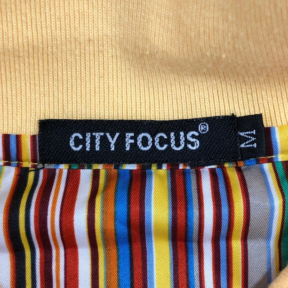 City Focus Polo Shirt Mens M Yellow‎ Long Sleeve Striped Trim Pique